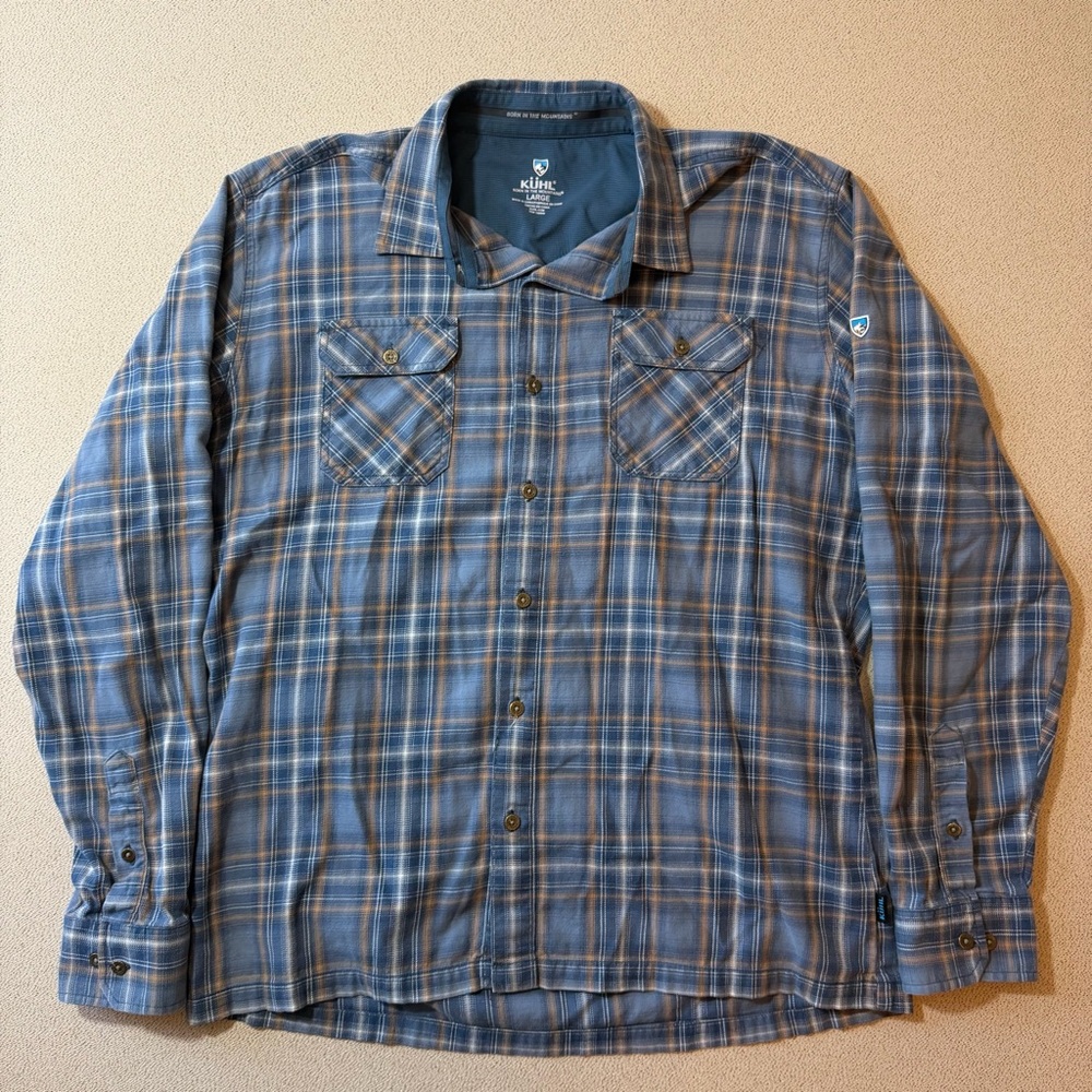 Kuhl Men’s Large Dillingr Flannel Shirt Blue Gold Heathered Tencel Plaid Outdoor